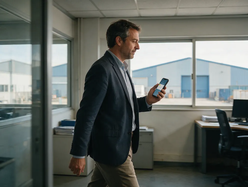 Comercial de una empresa industrial recibiendo un aviso de un nuevo presupuesto en el móvil