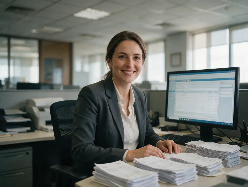 Administrativa con la facturación automatizada en su programa de gestión